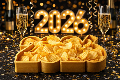 2026 New Years Eve Themed Reusable Snack Tray, Gold Plastic Serving Bowl